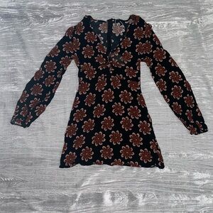Pull & Bear boho dress womens large long sleeve black floral hippy short dress